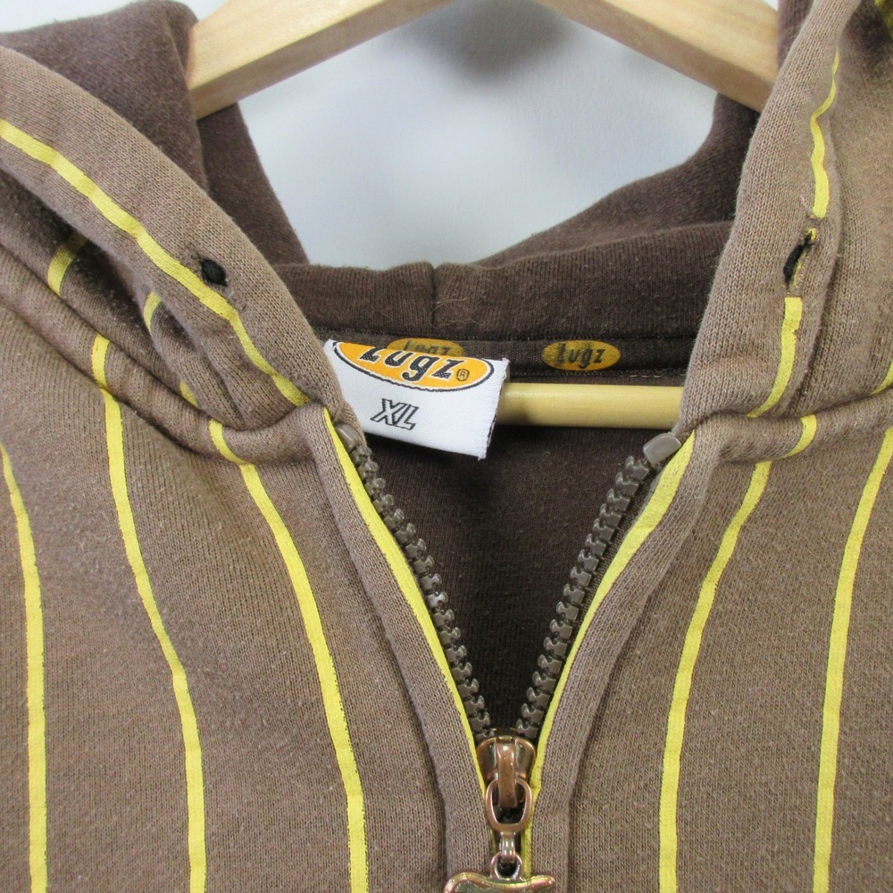 Vtg Y2K Lugz Denim Hoodie Men XL Brown Yellow Striped Logo Skater 1070 - Picture 13 of 16